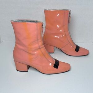 DORATEYMUR Women's Pink Patent Leather Sock Boots Ankle‎ Front Zip Block Heel 40